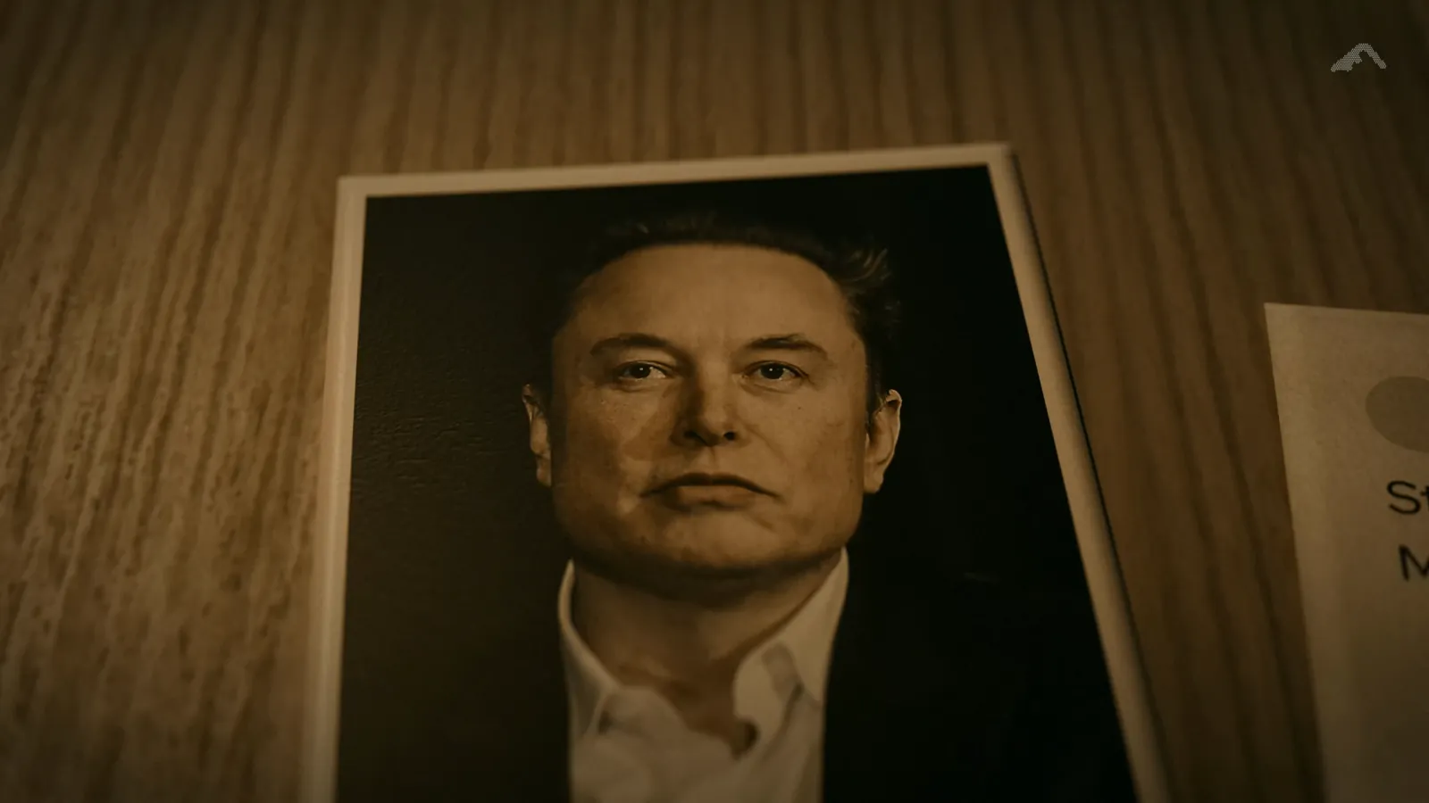 A printed photograph of Elon Musk lying on a wooden desk under a lamp, beside the edge of his printed reply.
