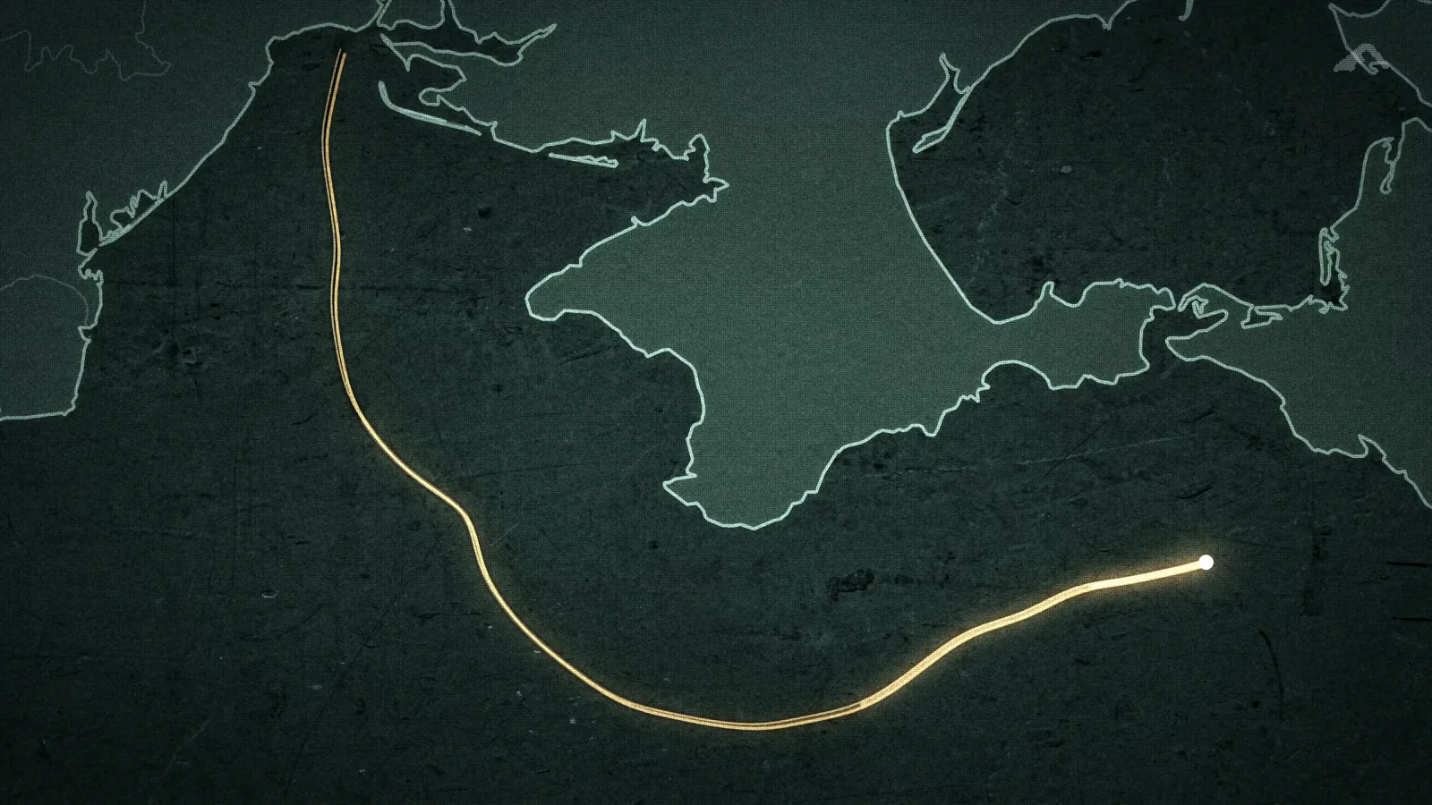 An engraved, dark map of Crimea and the Black Sea, with a glowing gold line traced across the sea.