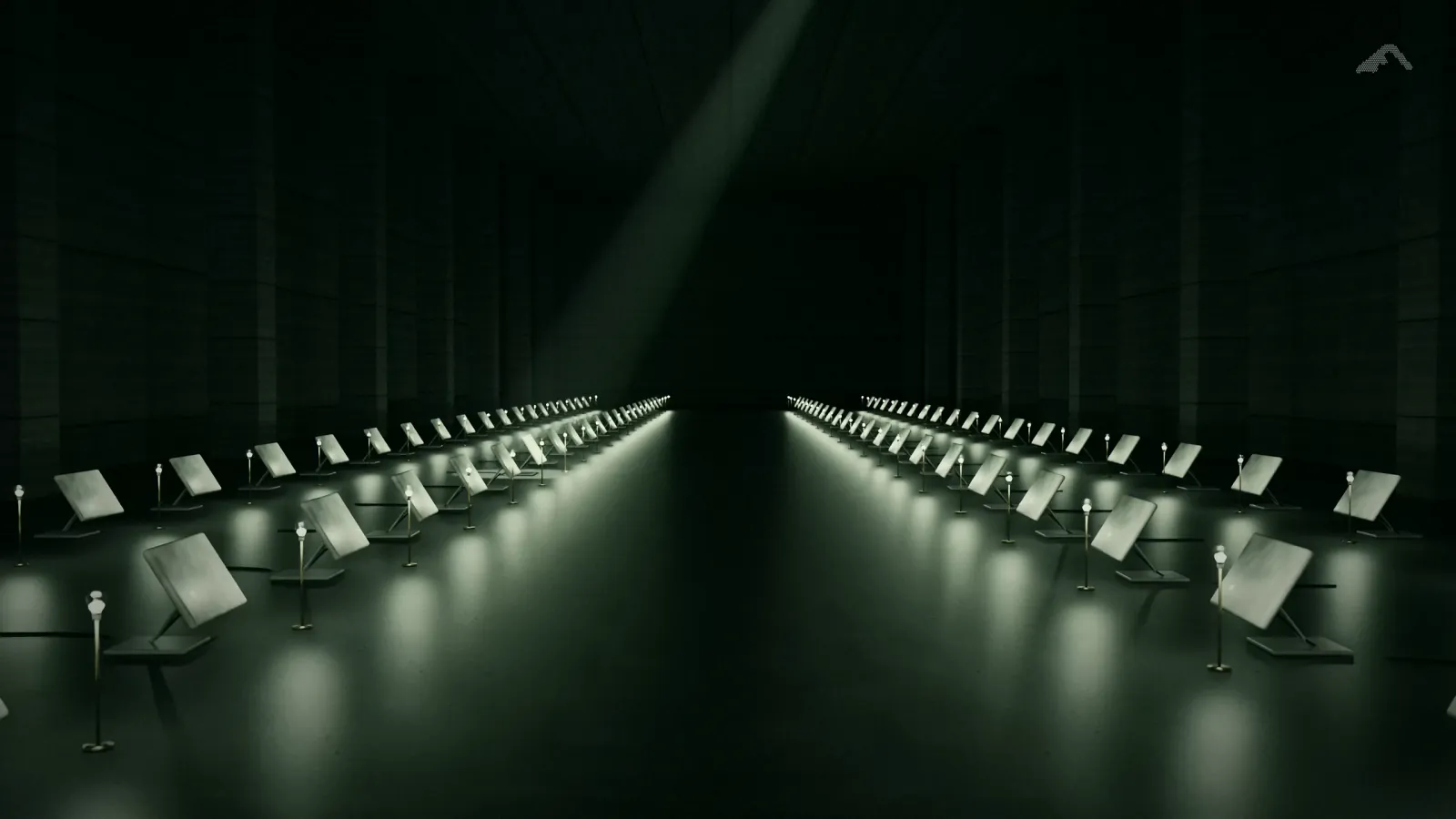 A long, dark hall of Starlink terminals set out in rows, each lit by its own small lamp.