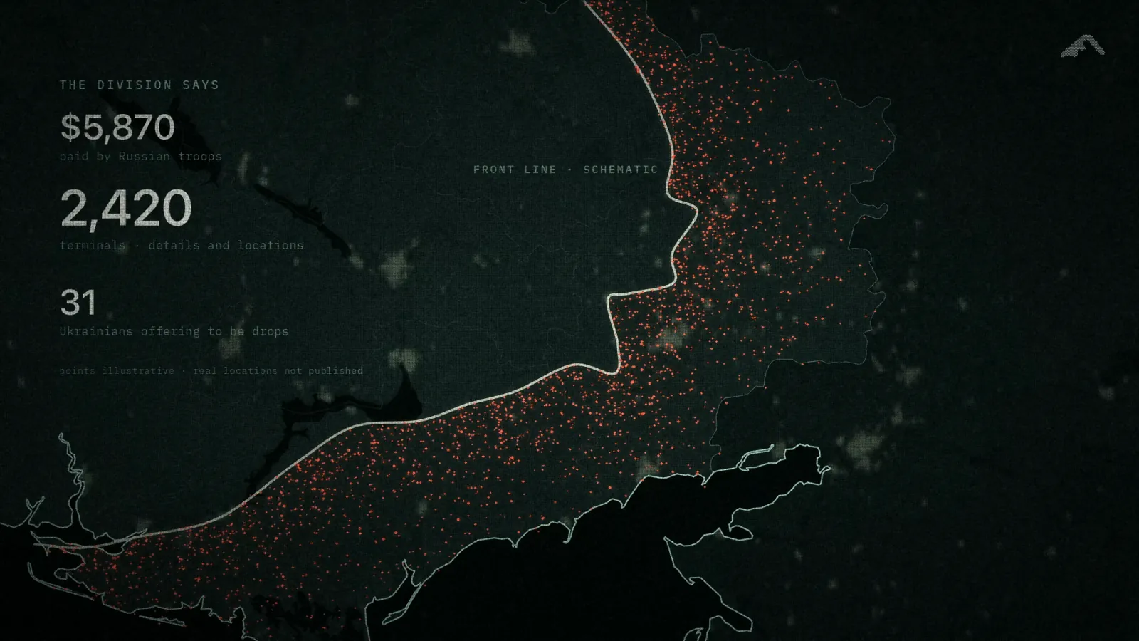 A dark map of the front line, thousands of small red points on the Russian side, beside the figures $5,870, 2,420 and 31.